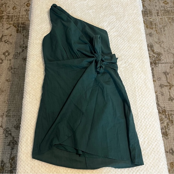 LILLUSORY One Shoulder Mini Dress Wrap Ruched Tie Waist Dark Green Small NWT - Picture 2 of 10